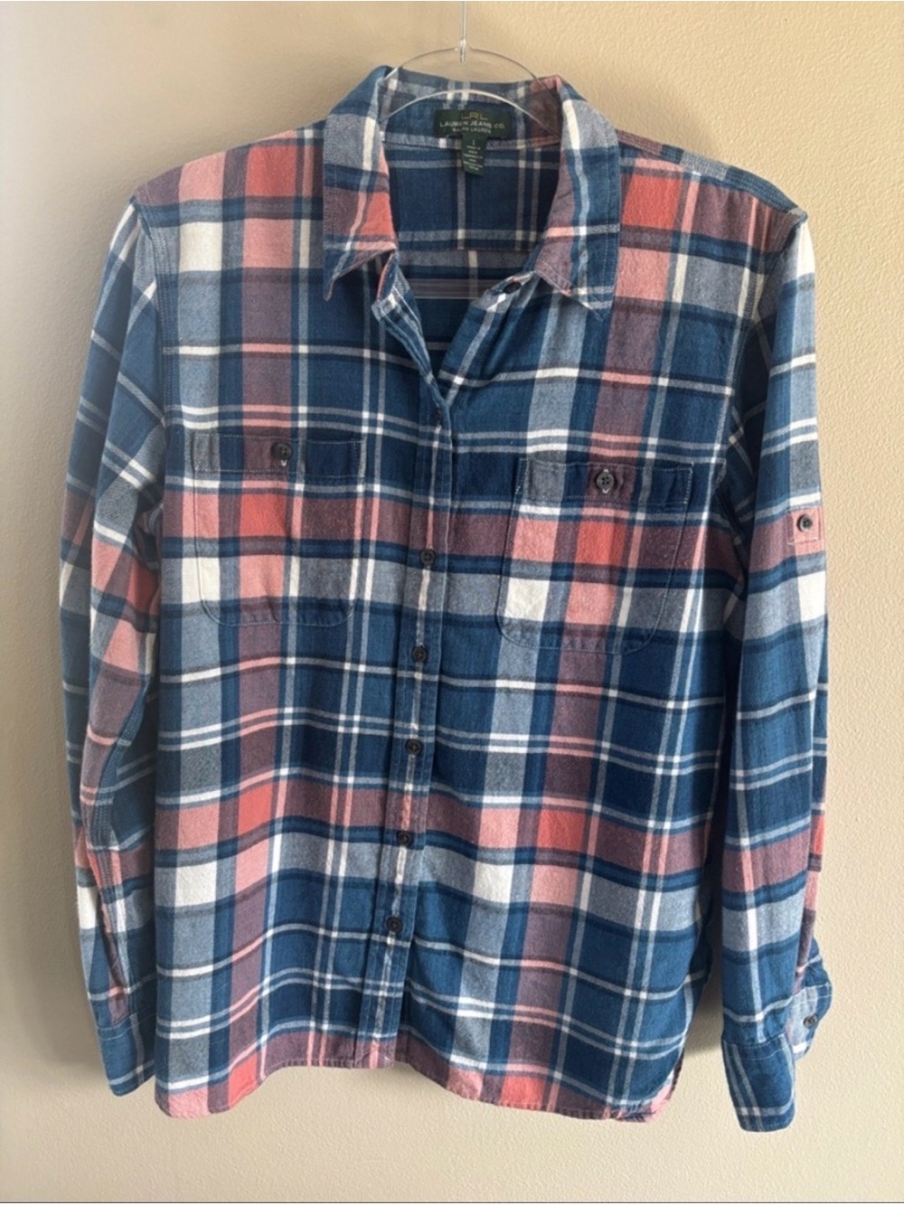 Size Lg Women’s Ralph Lauren
Blue, Coral & White Flannel Plaid Button-Down Top